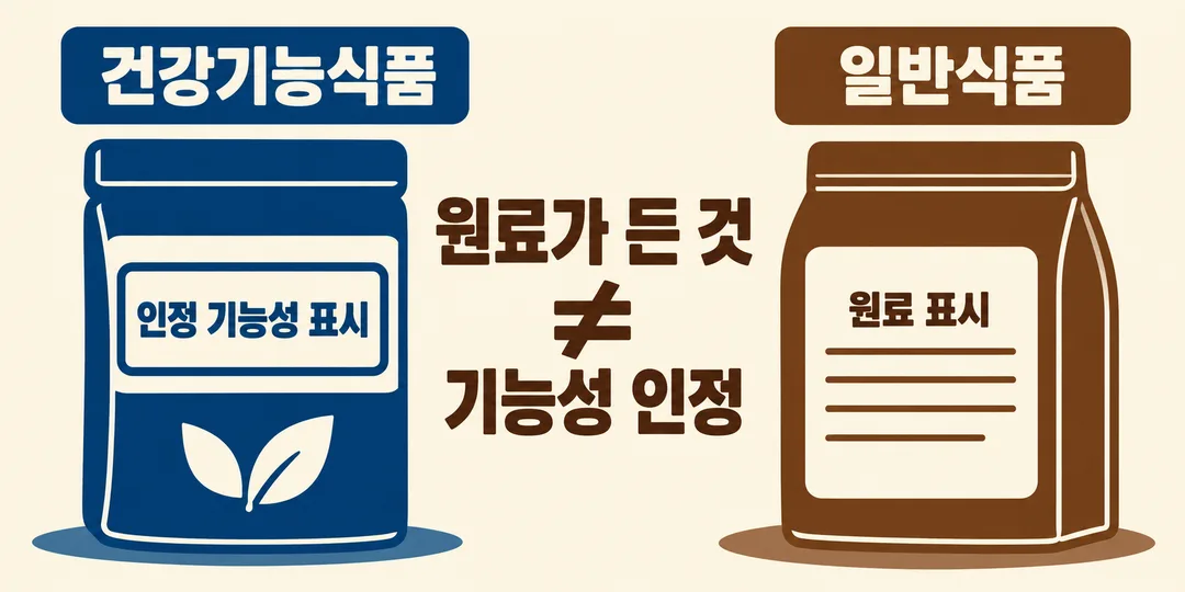건강기능식품과 일반식품의 표시 영역을 나눠 원료 함유와 기능성 인정의 차이를 보여주는 생성 설명 그림.