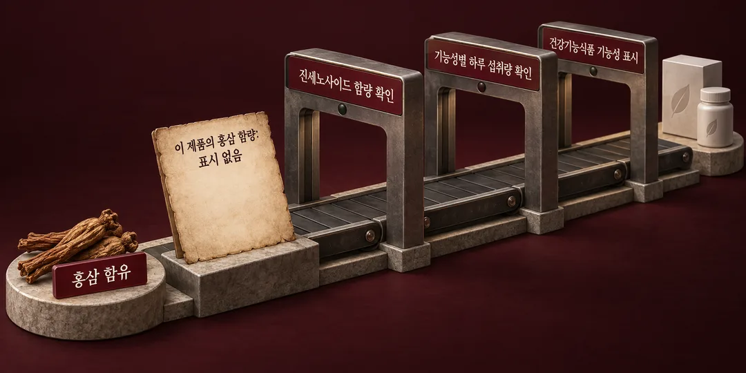 홍삼 함유에서 기능성 표시까지 이어지는 조건 중 광동 제품의 홍삼 함량 표시가 비어 있음을 보여주는 생성 설명 그림.