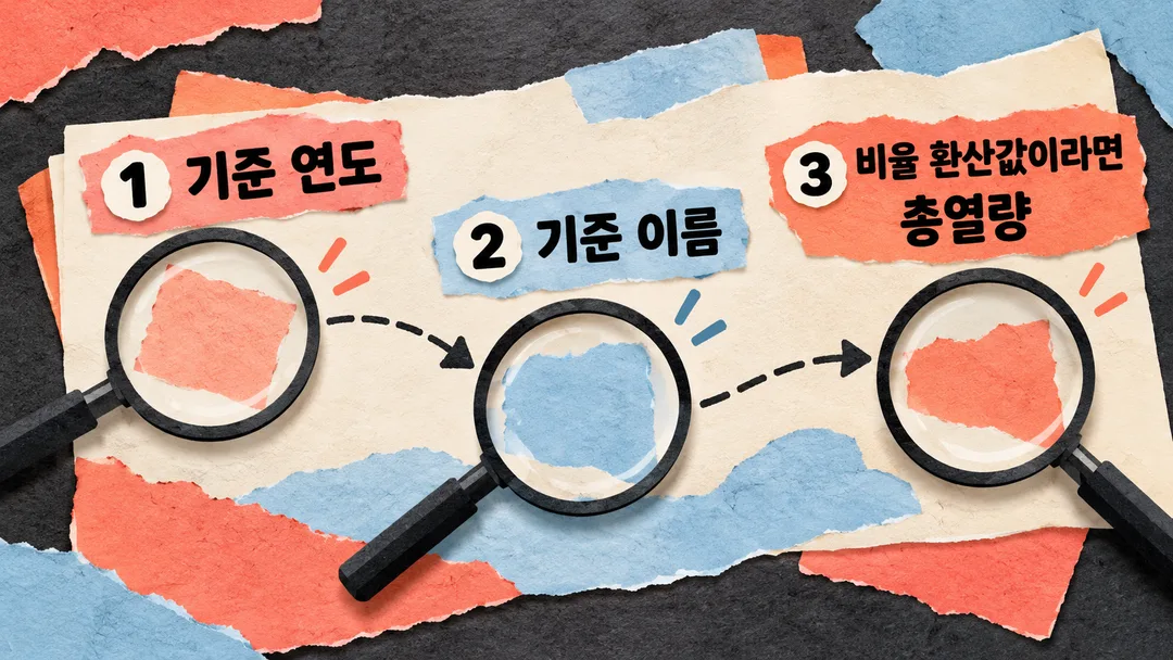확인 순서 그림. 다른 자료에서 탄수화물 하루 권장량을 볼 때 기준 연도, 기준 이름, 비율 환산값에 사용한 총열량을 차례로 확인하도록 안내한다.