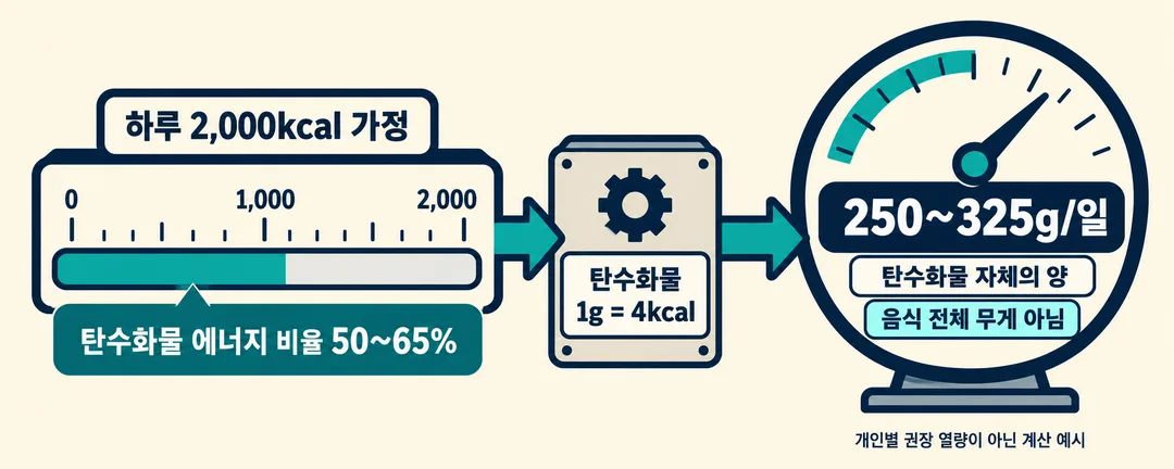 계산 설명 그림. 하루 총에너지 2,000kcal를 가정해 탄수화물 에너지 비율 50~65%를 적용하고 1g당 4kcal로 나누면 탄수화물 자체의 양이 250~325g/일로 환산되는 흐름이다. 음식 전체의 무게나 개인 권장량을 나타내지 않는다.