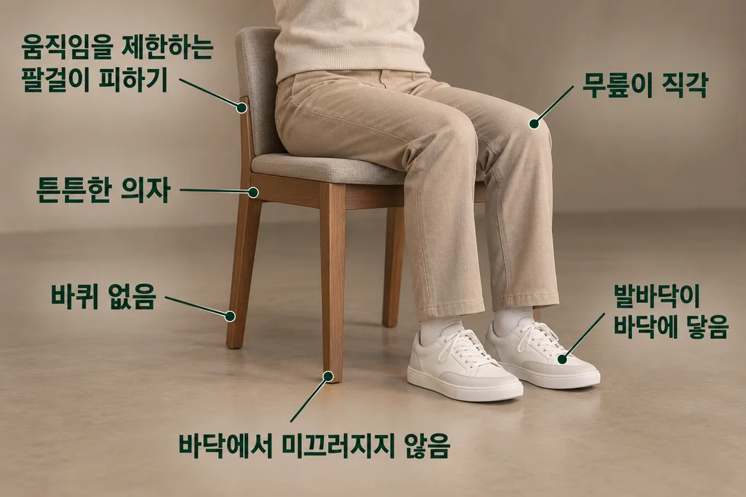 설명 그림. 의자와 앉은 사람의 하반신 주위에 안정성, 발과 무릎 위치, 팔걸이 조건을 가리키는 문구가 놓여 있다. 특정 제품 사진이 아니다.