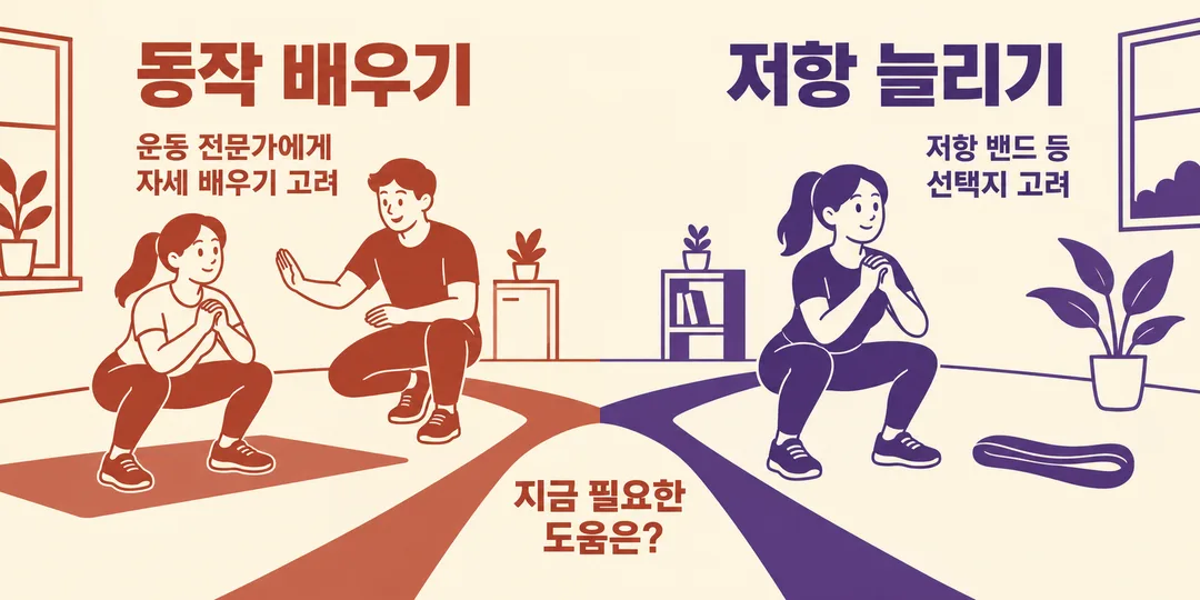 설명 그림. 한쪽에는 가상의 운동 전문가가 동작 자세를 설명하는 장면, 다른 쪽에는 익숙해진 동작에 저항 밴드를 선택지로 놓은 장면이 보인다. 어느 쪽도 필수 구매나 등록으로 표시하지 않는다.