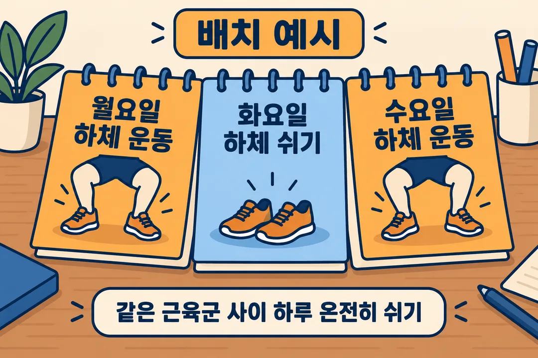 설명 그림. 월요일 하체 운동, 화요일 하체 휴식, 수요일 하체 운동이 달력의 연속된 세 날에 표시된 예시다.