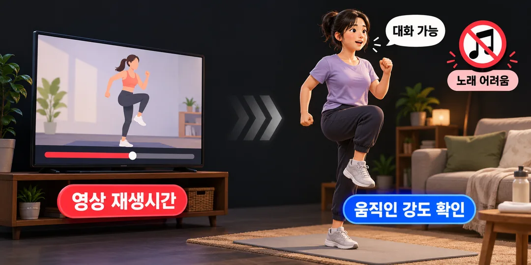 영상 재생 막대와 운동하는 사람의 호흡·대화 상태를 분리해 보여 주는 설명 그림. 중강도 판단에는 재생시간뿐 아니라 실제 움직임의 강도가 필요하다.