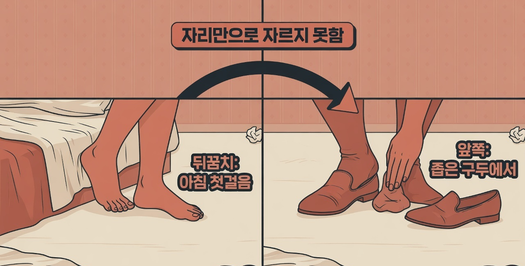아침 첫걸음 통증 장면과 좁은 구두에서 앞쪽 찌릿함 장면을 나란히 비교하고, 자리만으로 병명을 자를 수 없다는 결론을 잇는 생성 설명 그림