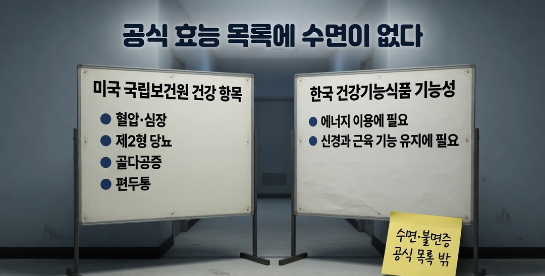 생성 설명 그림. 미국 국립보건원 건강 항목 네 가지와 한국 건강기능식품 기능성 두 가지가 안내판에 있고, 수면·불면증은 두 목록 밖에 붙어 있다.