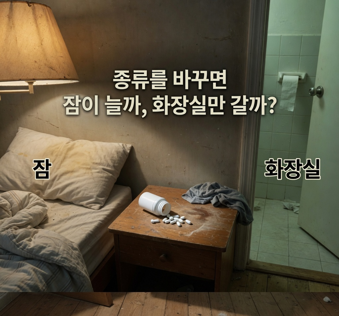 생성 설명 그림. 마그네슘 알약이 잠자리와 화장실 두 갈래로 나뉘고, 종류를 바꾸면 잠이 늘지 화장실만 갈지 묻는 문구가 있다.