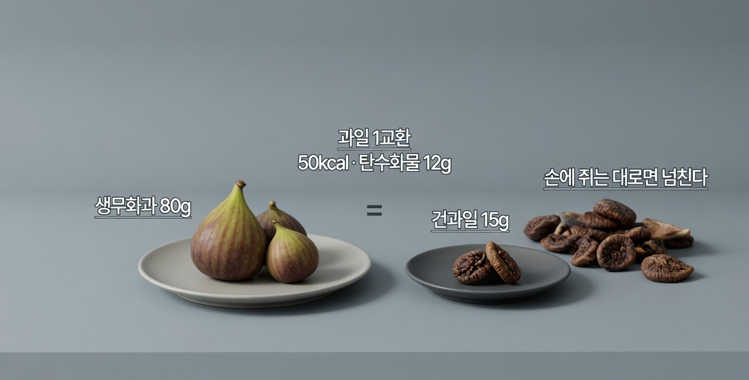 과일 1교환에서 생무화과 80g과 건과일 15g이 같은 한 단위이고, 건과를 손에 쥐는 대로 집으면 그 자리를 넘는다는 설명용 그림. AI 생성.