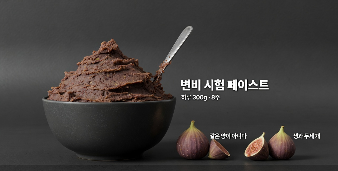 하루 300g씩 8주 무화과 페이스트 더미가 생무화과 두세 개보다 훨씬 크게 보이는 규모 비교 설명용 그림. AI 생성.