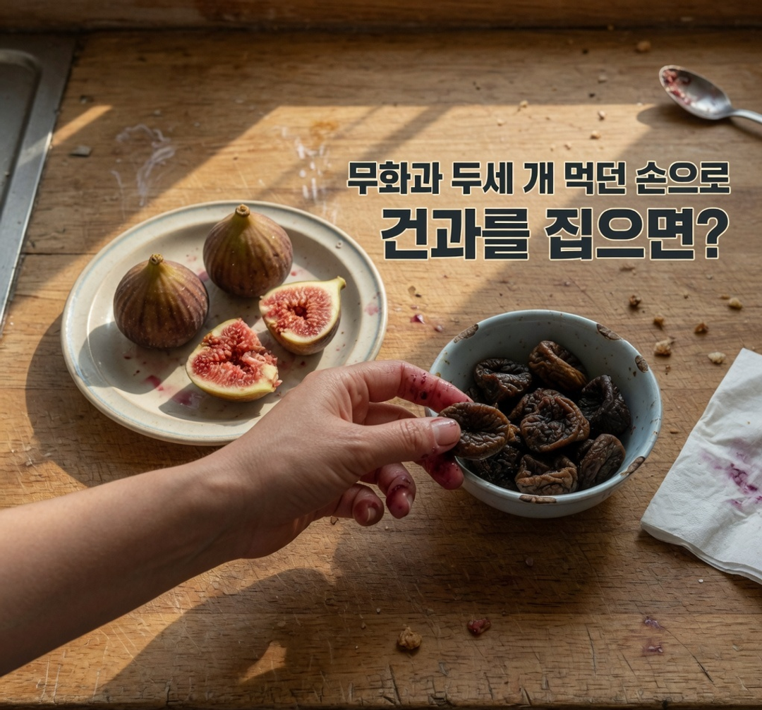생무화과 두세 개를 먹던 손이 건무화과를 집기 직전에서 멈춘 장면 위에 문구 ‘무화과 두세 개 먹던 손으로 건과를 집으면?’. AI 생성.